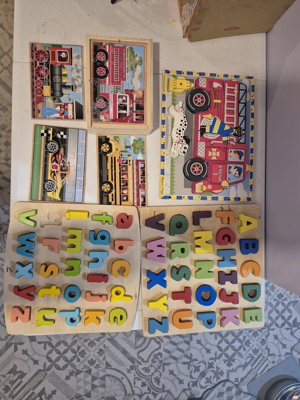 Kids Wooden Alphabet & Vehicle Puzzle Set - Multicolor